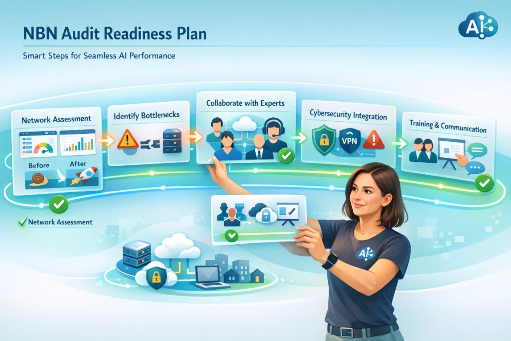 NBN audit for hybrid teams infographic showing IT preparation steps including network assessment, bottleneck identification, and cybersecurity integration