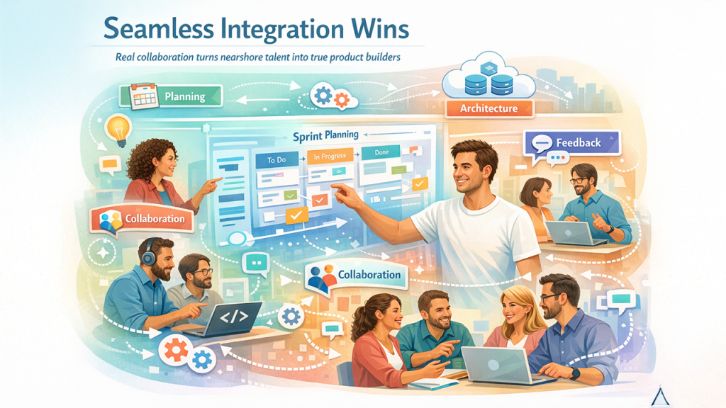 Nearshore development teams integrated with SaaS company workflows and collaborating in real time
