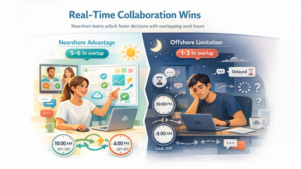 Nearshore development teams collaborating in real time with aligned time zones for SaaS projects