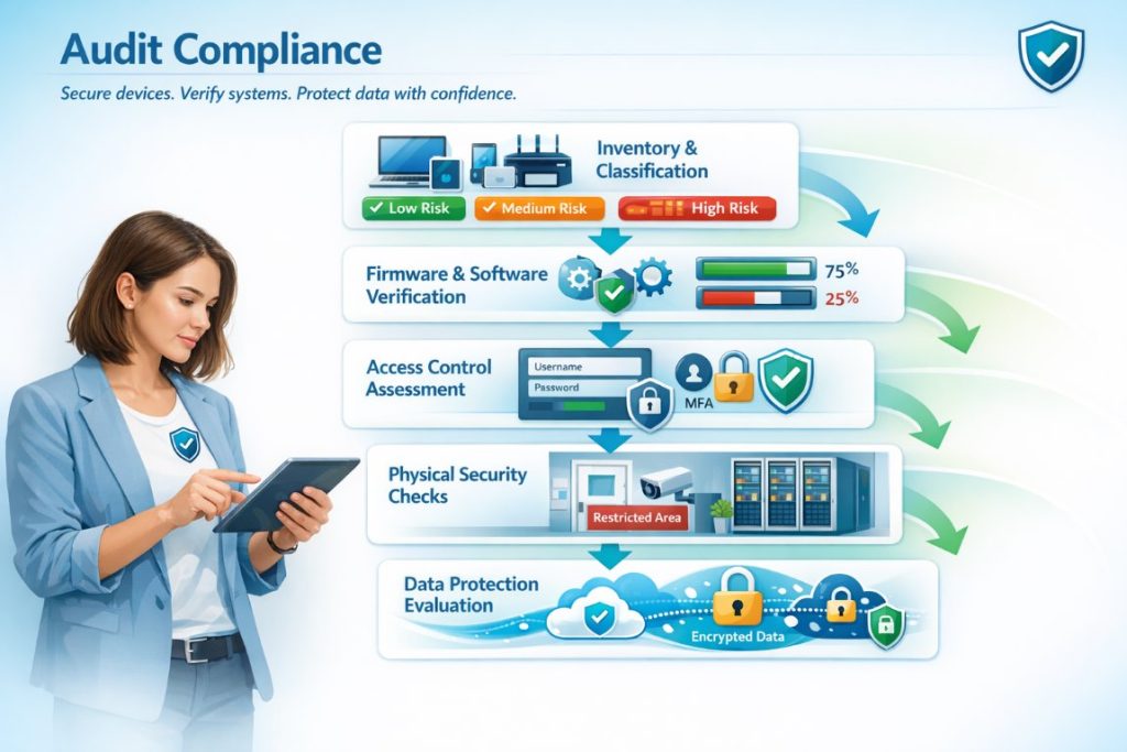 SME gadget audit infographic showing compliance audit steps like inventory, security checks, and data protection
