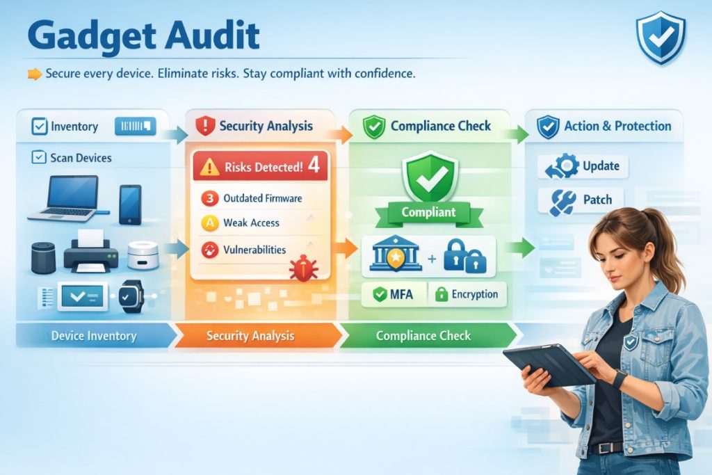 SME gadget audit workflow infographic showing device inventory, security checks, and compliance process