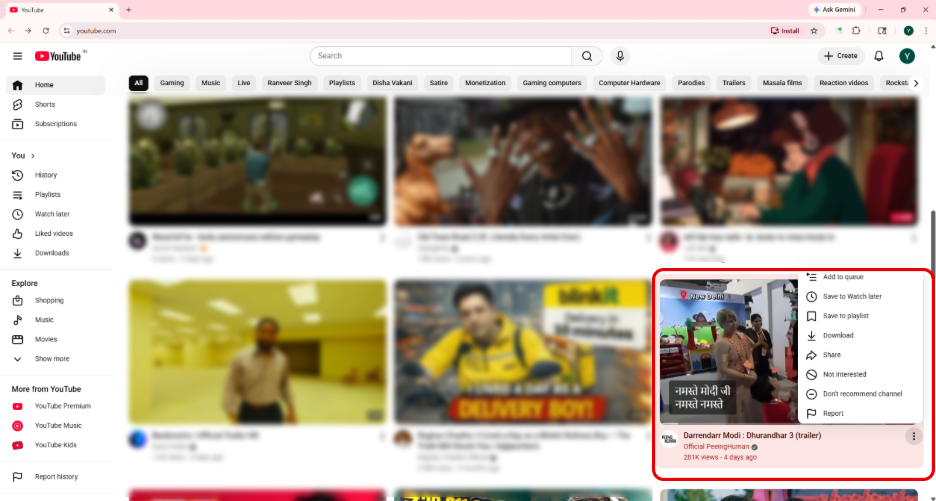 Locate the video from the recommendation list you want to block