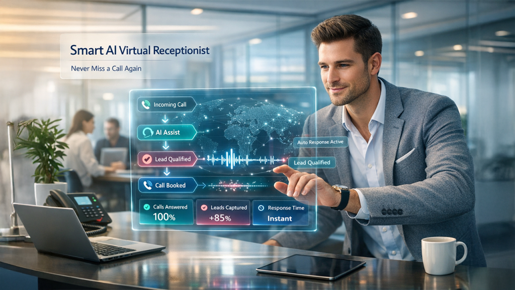 AI virtual receptionist answering business calls 24/7 and improving customer support efficiency