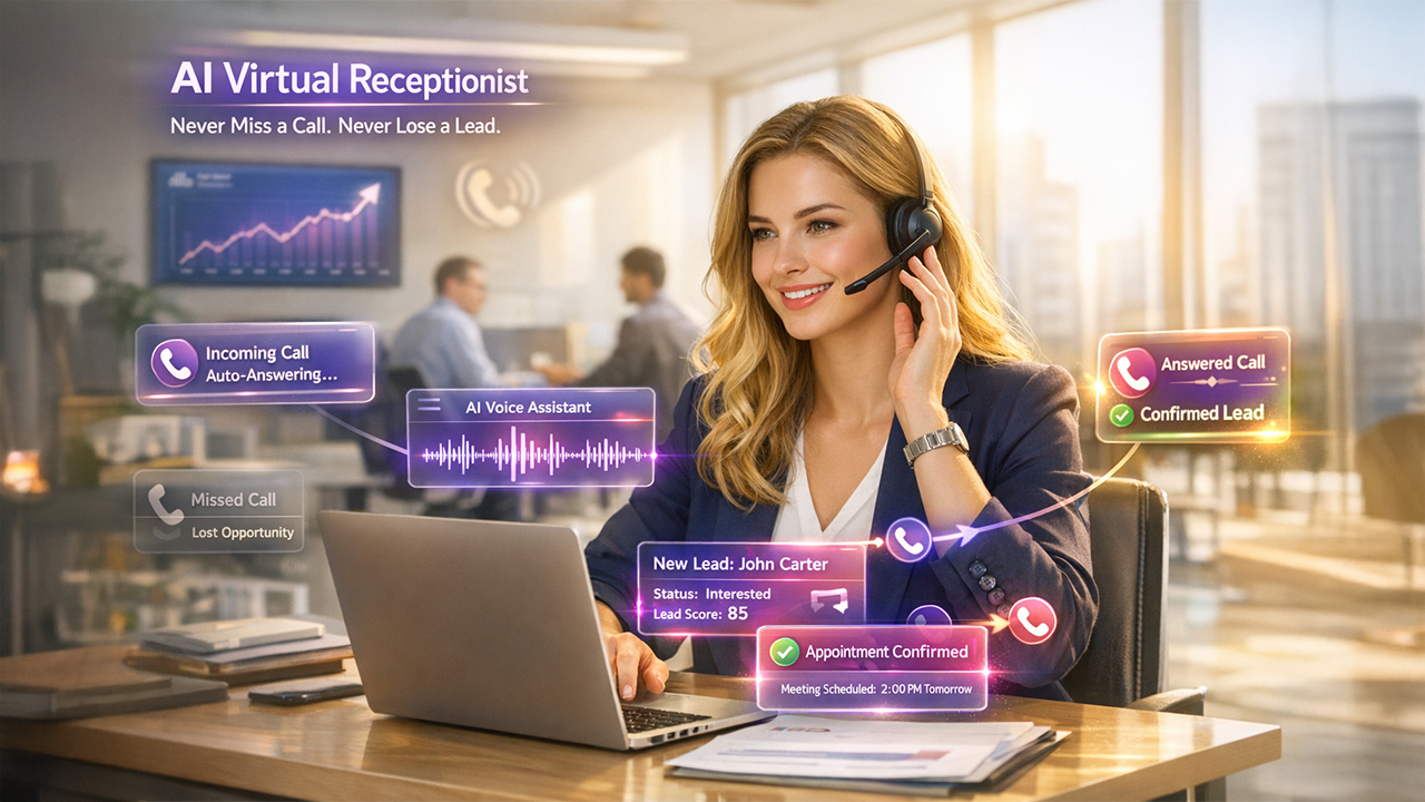 AI virtual receptionist handling business calls with automated call routing and CRM integration