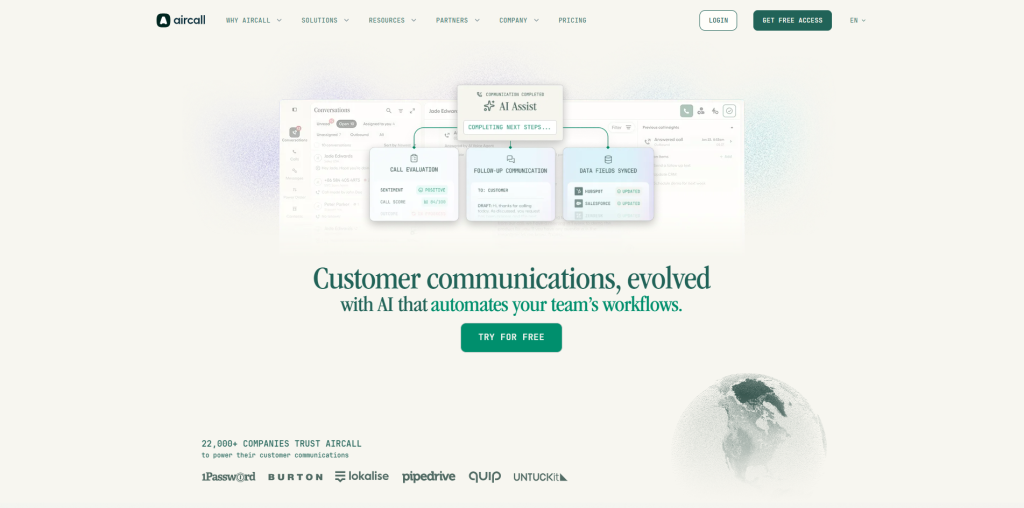 Aircall AI virtual receptionist handling customer support calls with simple routing and automation