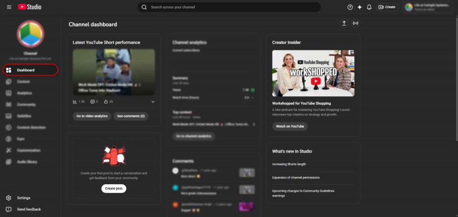 Click “Dashboard” In YouTube Studio