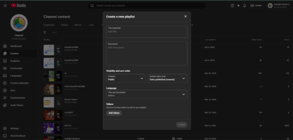 From “Create” option and Select “New Playlist.