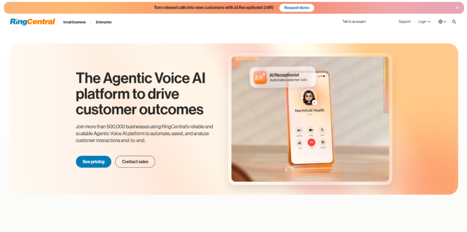 RingCentral AI virtual receptionist with no-code setup for automated call handling and CRM integration