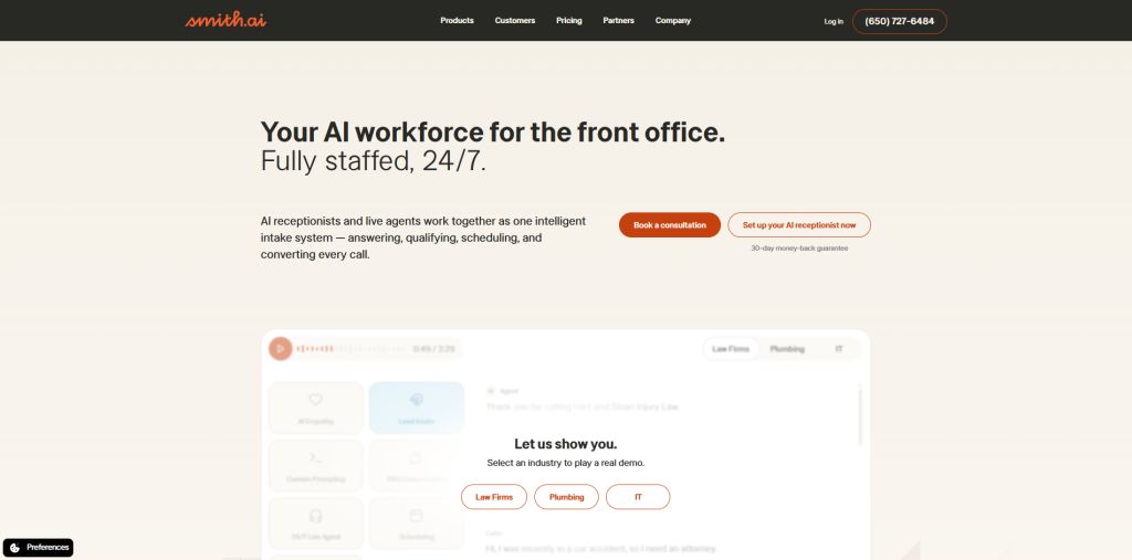AI virtual receptionist by Smith.ai assisting small businesses with call answering and lead capture