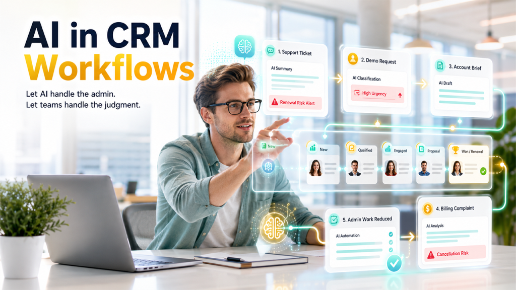 AI assisting CRM workflow automation with sales, support, billing, and customer data management