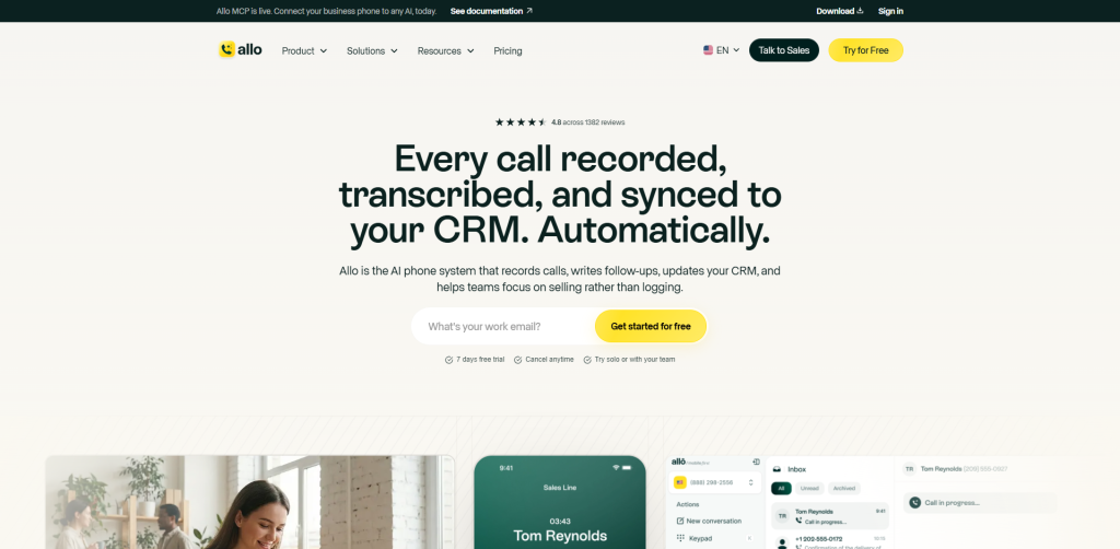 Allo VoIP phone system dashboard with CRM integration and AI call summaries