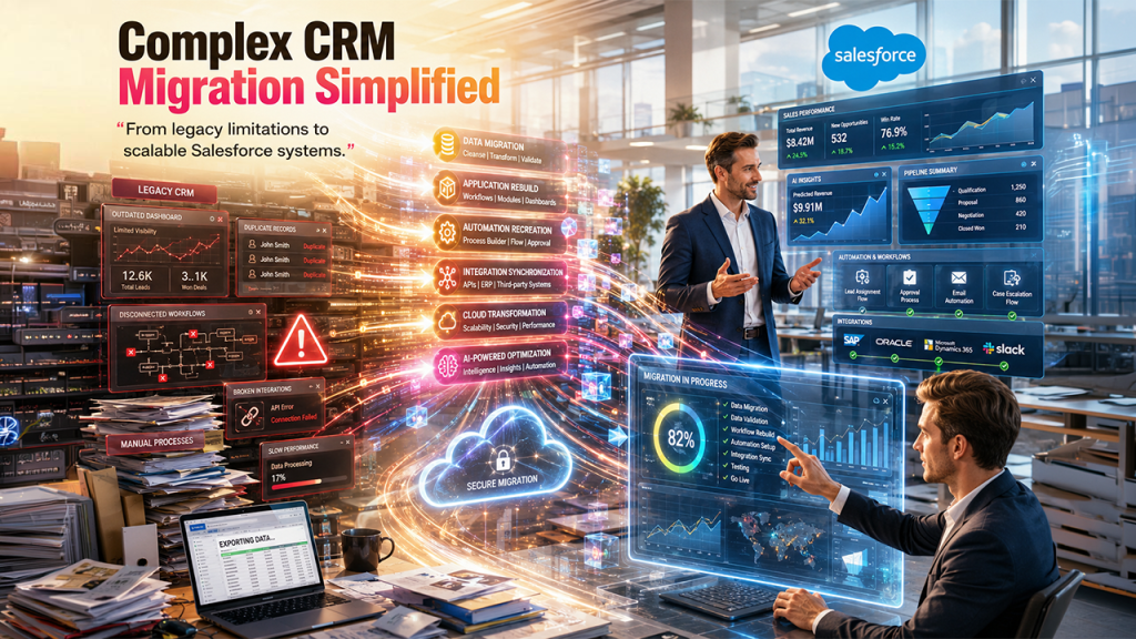 Migration is a multi-layered process in SuiteCRM to Salesforce involving data transfer, workflow rebuilding, and API integrations