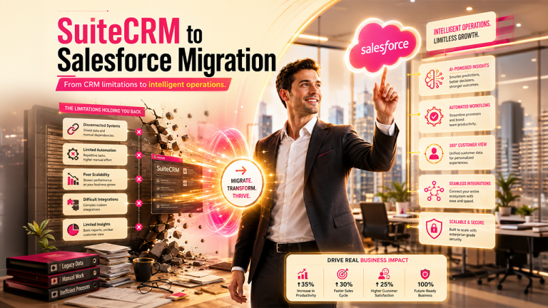SuiteCRM to Salesforce migration process with data transfer, workflow automation, and API integration
