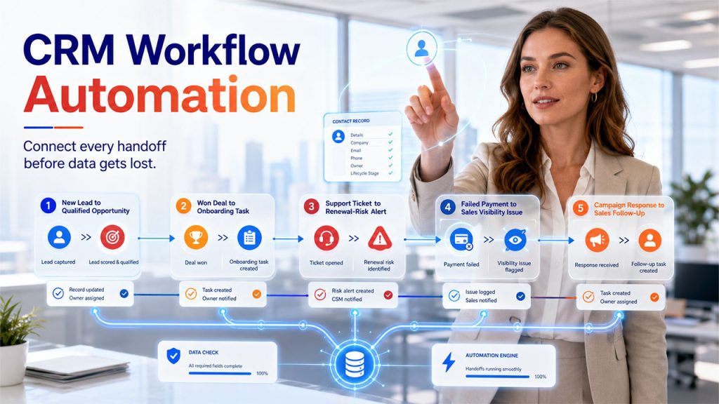 CRM workflow automation connecting lead management, onboarding, support tickets, billing, and marketing workflows