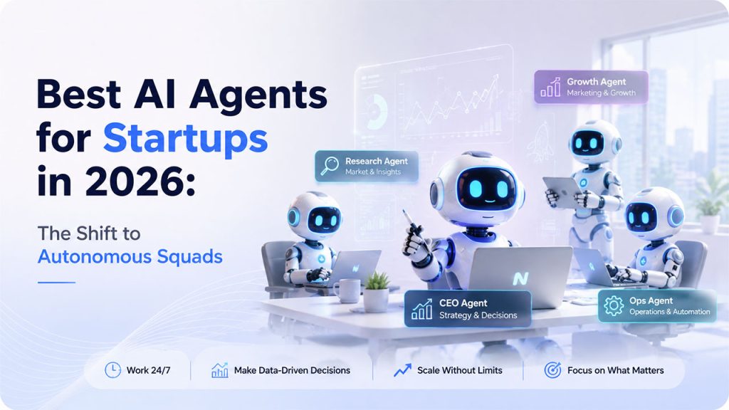 Illustration of AI agents for startups in 2026 featuring autonomous AI assistants for CEO strategy, research, marketing growth, and operations automation.