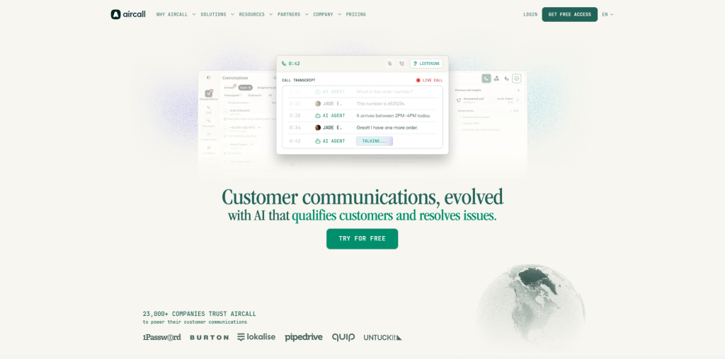 Aircall cloud phone system with integration marketplace connecting CRM, helpdesk, and business applications.