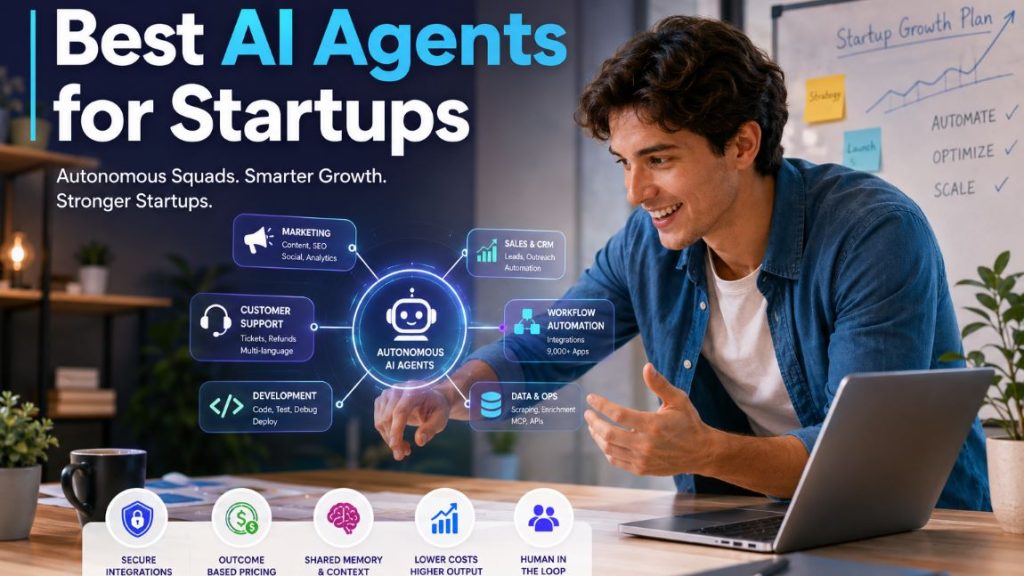 Best AI agents for startups in 2026 helping founders automate marketing, customer support, software development, and business workflows with autonomous AI.Best AI agents for startups in 2026 helping founders automate marketing, customer support, software development, and business workflows with autonomous AI.