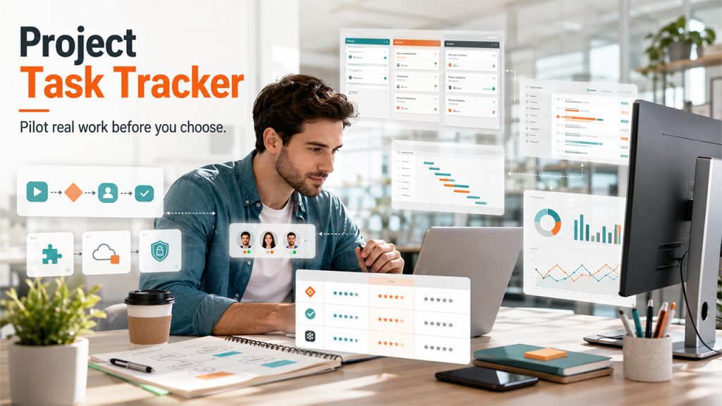 BridgeApp project task tracker evaluation dashboard showing task management, workflow automation, team collaboration, and project tracking features