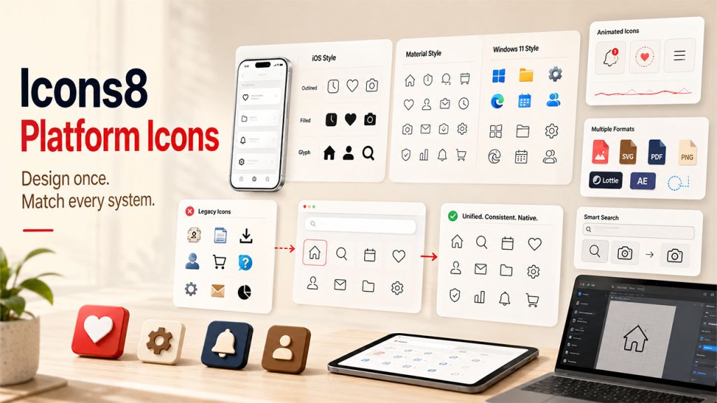 Cross-platform icon design comparison showing Icons8, custom icon sets, and open-source icon libraries for multi-platform applications.