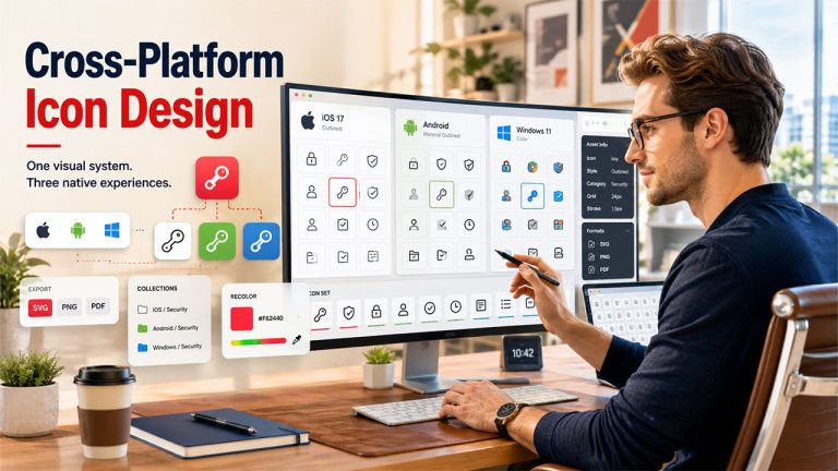 Cross-platform icon design showing native icon styles for iOS, Android, and Windows applications in a unified design system.