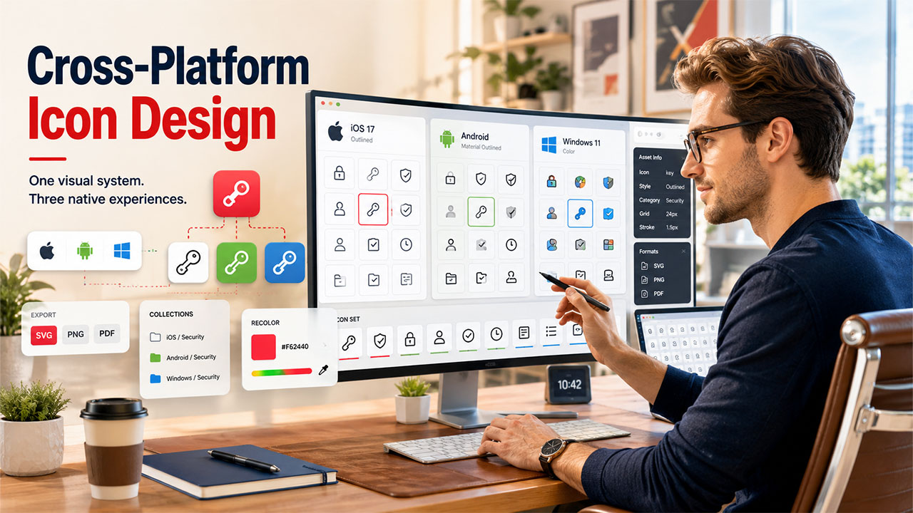 Cross-platform icon design showing native icon styles for iOS, Android, and Windows applications in a unified design system.