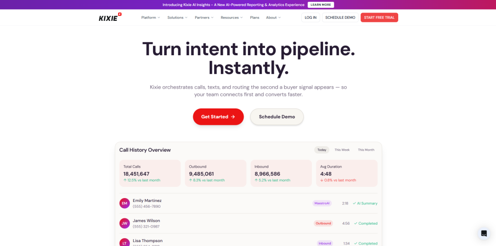 Kixie outbound dialer interface featuring local-presence dialing, automated call workflows, CRM integration, and sales team productivity tools.