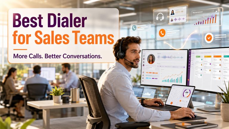 Outbound dialer software dashboard showing automated calling, lead management, CRM integration, and sales performance metrics.