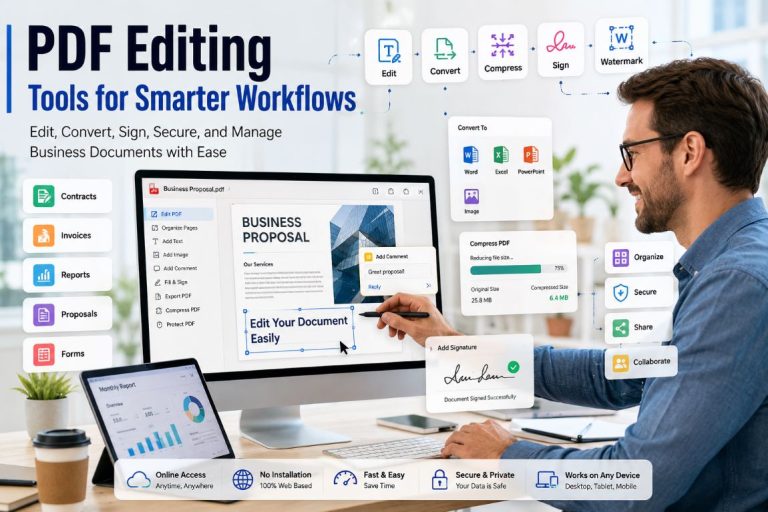 Professional using PDF editing tools to edit, convert, compress, sign, watermark, and manage business documents online