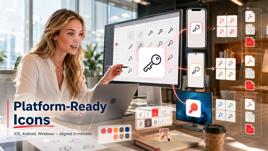 Designer using Icons8 to create and manage cross-platform icons for iOS, Android, and Windows applications from a single workflow.