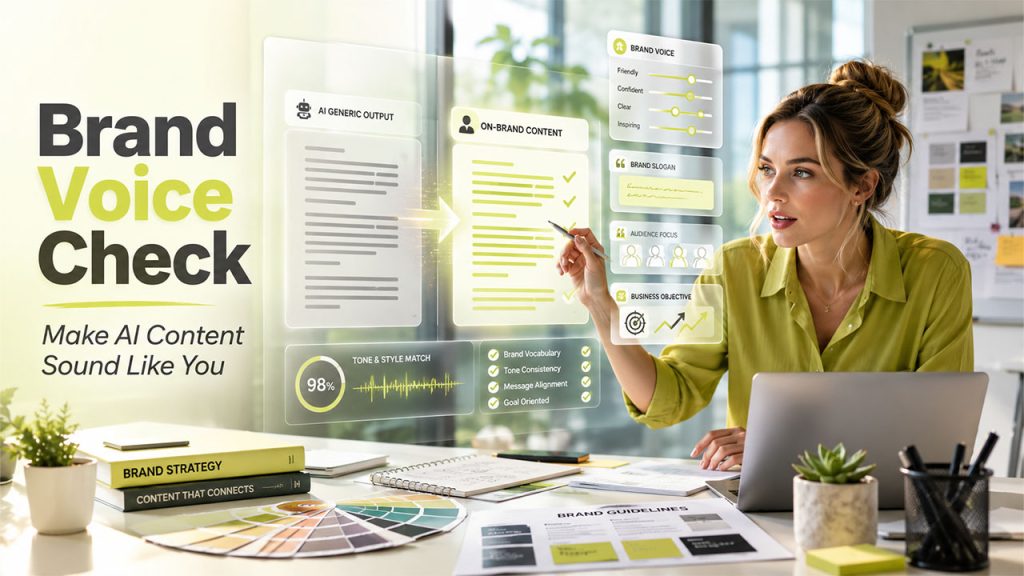 Marketing professional aligning AI-generated content with brand voice and messaging for consistent business communication.