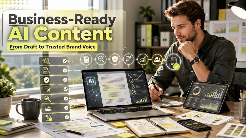 Professional reviewing AI-generated content on a laptop to ensure accuracy, originality, SEO optimization, and business readiness.