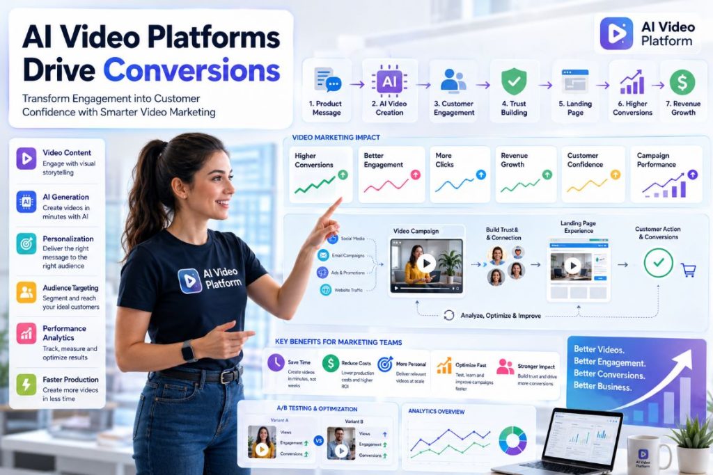 Infographic showing how AI video platforms help marketing teams improve engagement, build customer trust, and increase conversions through AI-powered video marketing.