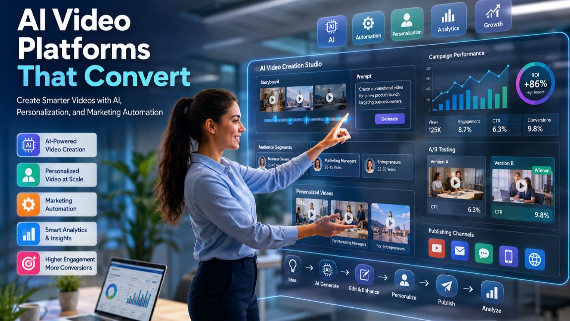 AI video platforms helping marketing teams create high-converting campaigns with automated video creation, personalization, analytics, and campaign optimization.