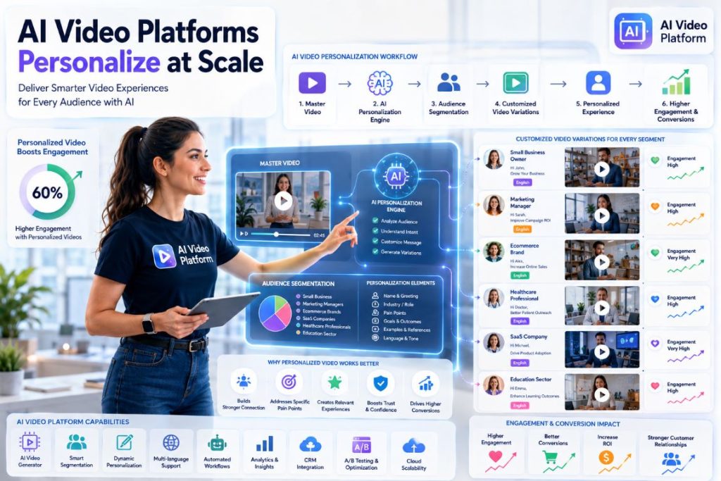 Infographic showing how AI video platforms enable personalized video creation, audience segmentation, and targeted marketing campaigns at scale.