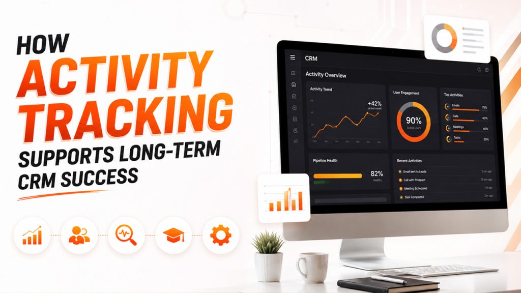CRM activity tracking dashboard showing sales activities, follow-ups, pipeline progress, and team performance metrics.