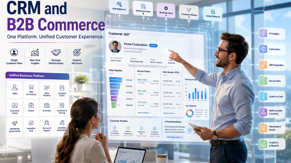 Professional using a unified CRM and B2B commerce platform dashboard to manage customer data, sales pipeline, orders, and business operations.
