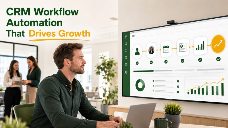 CRM workflow automation dashboard showing automated lead management, task assignments, reporting, and customer follow-up workflows.