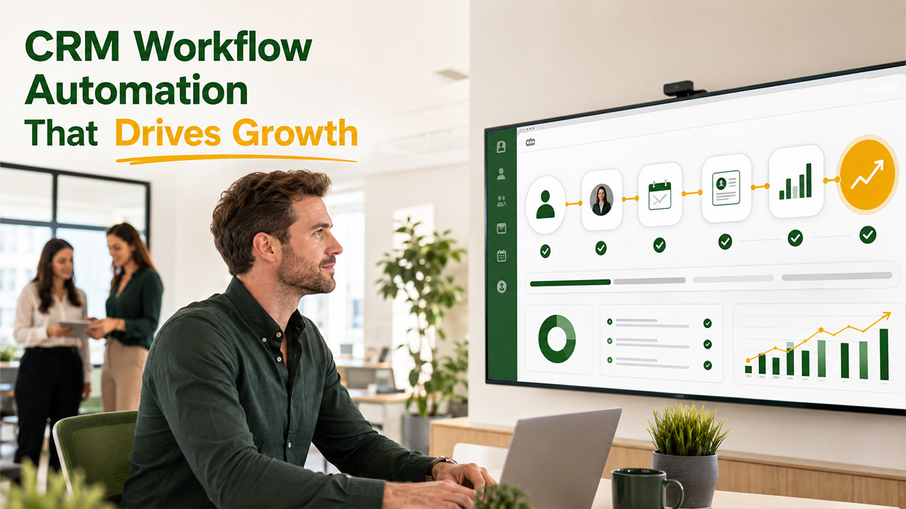 CRM workflow automation dashboard showing automated lead management, task assignments, reporting, and customer follow-up workflows.