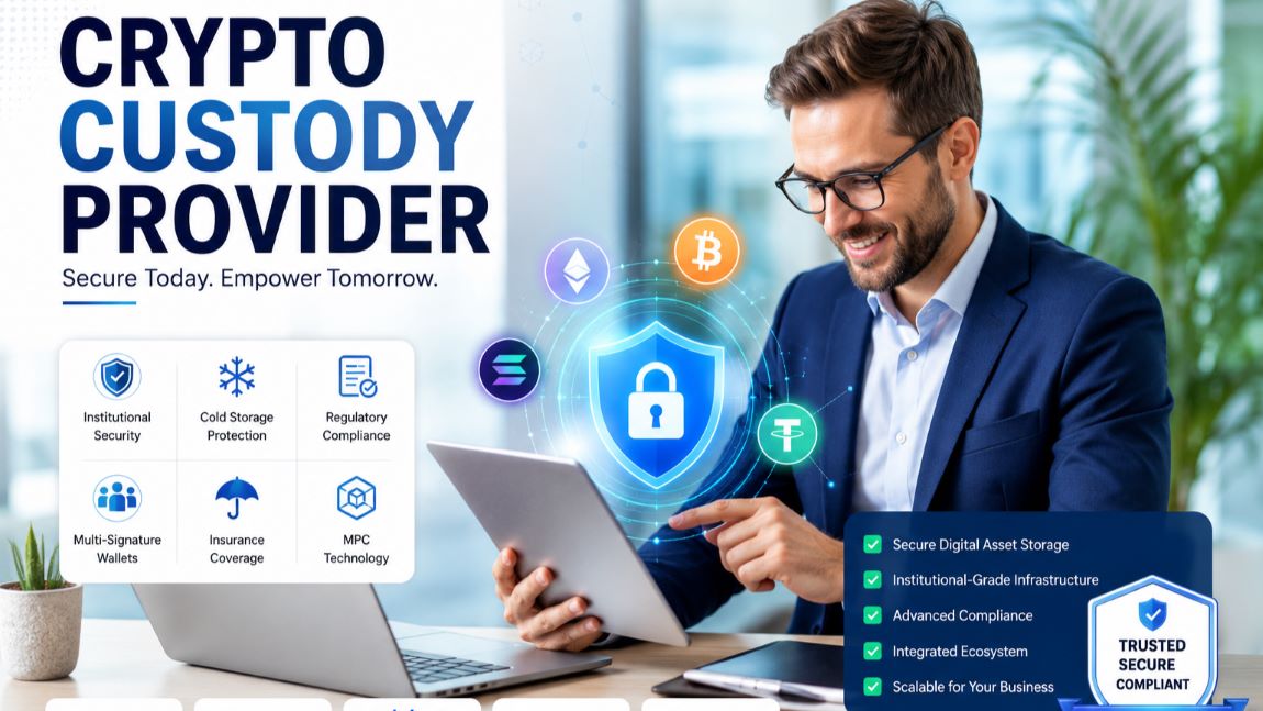 Crypto custody provider showcasing secure digital asset storage, institutional security, compliance, and blockchain custody solutions for businesses.