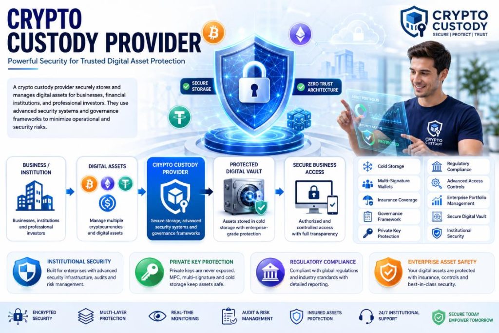 Infographic explaining how a crypto custody provider securely stores digital assets using cold storage, multi-signature wallets, compliance, and institutional security.