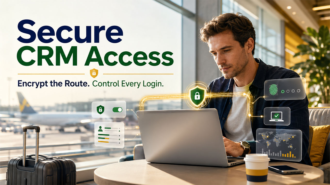 Remote CRM access secured with a VPN, multi-factor authentication, and access controls for remote sales teams.