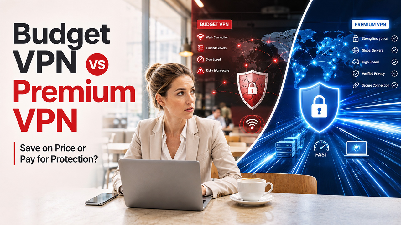 Budget VPN vs Premium VPN comparison showing differences in security, speed, server network, privacy features, and business protection.