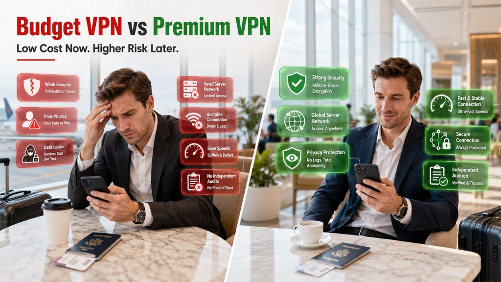 Budget VPN vs Premium VPN key differences comparing security, privacy, server networks, speed, and business features.