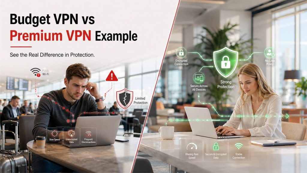 Budget VPN vs Premium VPN comparison featuring NordVPN's advanced security, global server network, and privacy protection.