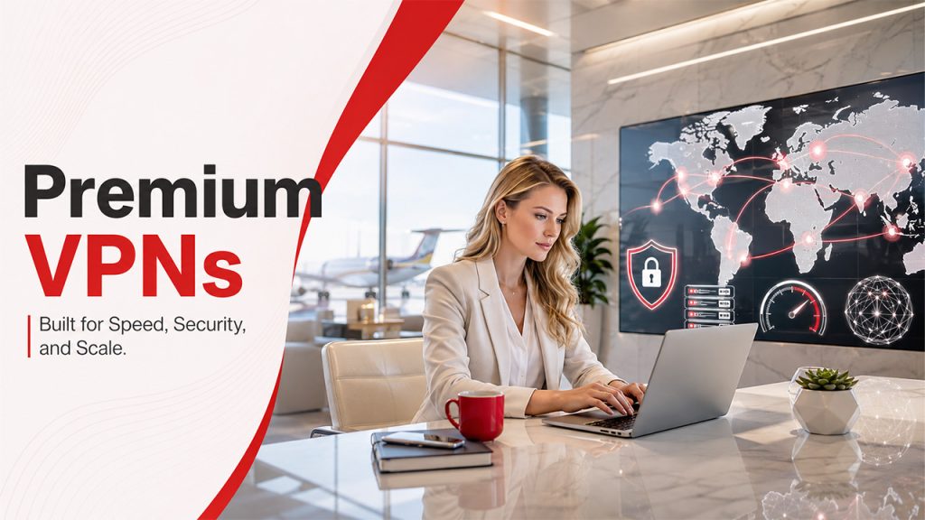 Premium VPN with advanced security features, global server network, and encrypted business connections for secure remote access.