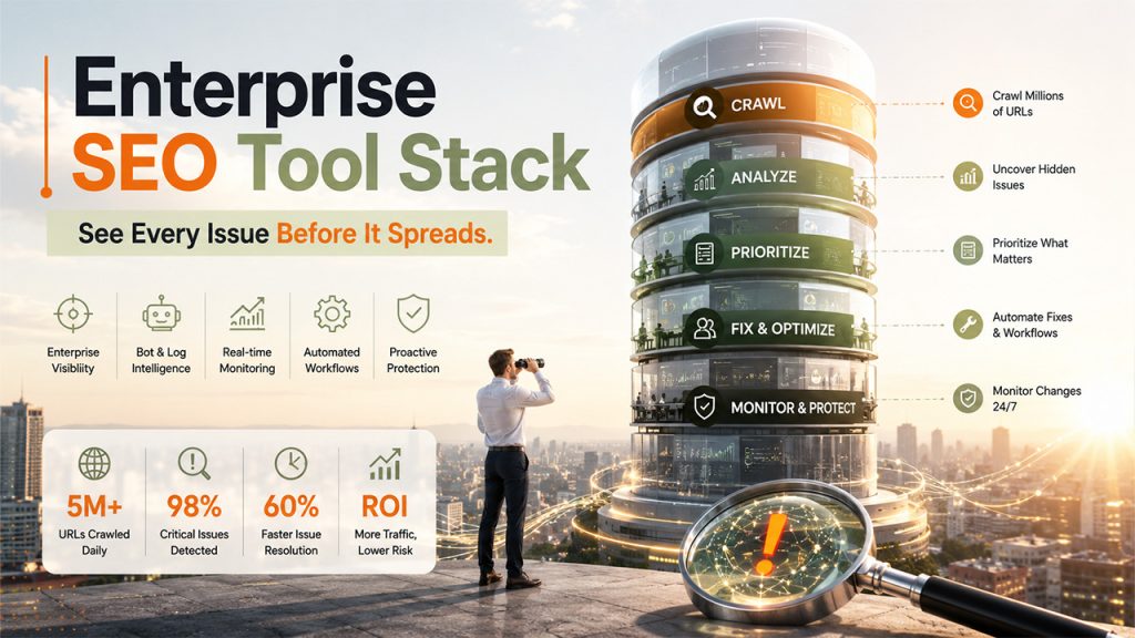 Comparison of the best tech SEO tools for enterprise websites, including crawling, log analysis, and technical SEO automation.