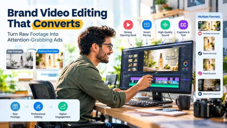Professional video editing for brand videos with a video editor improving pacing, sound, captions, and visual quality.