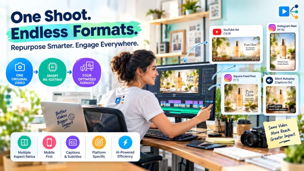 Video editing workflow showing one original video adapted into YouTube ads, Instagram Reels, square posts, and captioned autoplay clips.
 Copy